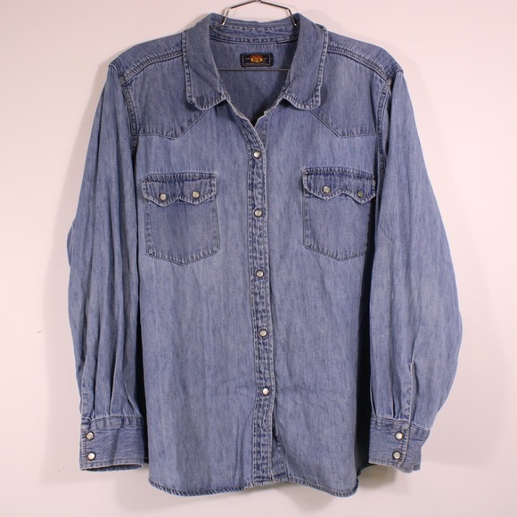 Route 66 Shirts Mens Sz L Blue Denim Western Pearl Snap Button Orange Tab Collar - Picture 1 of 16